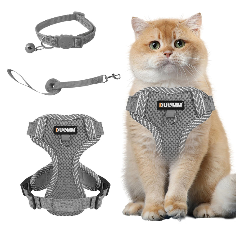 Muecleao Cat Harness with Lead, Escape-Proof, Cat Lead with Harness for Cats, Adjustable Cat Harness, Cat Collar with Reflective Strips for Outdoor Training Walking (Grey, S) Grey - BeesActive Australia