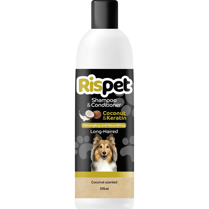 RISPET Shampoo and conditioner, coconut and keratin, cleaning and disinfectant for dogs and long-haired animals, delicate formula without allergens and balanced pH value, coconut scent, 370 ml coconut and keratin (370 ml) - BeesActive Australia