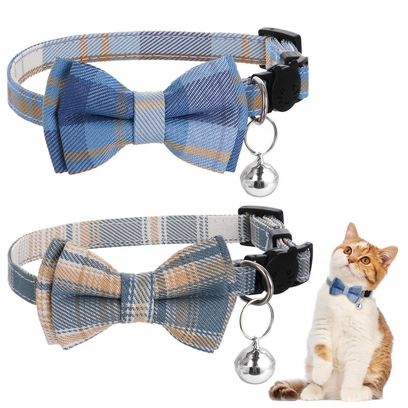 Pack of 2 Cat Collar with Breakaway Bow Tie and Bell, Blue White Checked Cat Collar with Quick Release, Adjustable Plain Set for Kittens and Puppies - BeesActive Australia