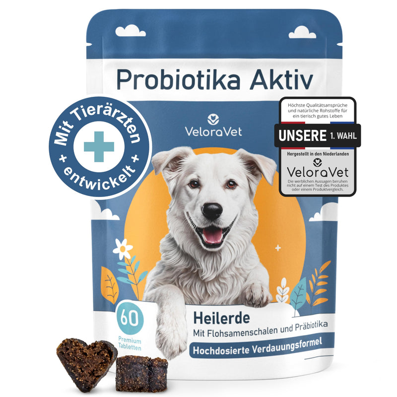 VeloraVet Probiotics Dog - stomach intestinal cleansing & intestinal treatment for dog intestinal flora, prebiotics, psyllium husks & healing clay, veterinary recommended for diarrhea, heartburn - 60 tablets full of care - BeesActive Australia
