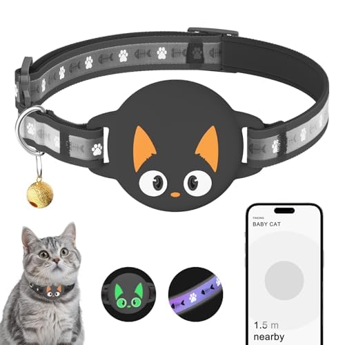 Airtag Cat Collar Breakaway, Reflective Cat Collar with Airtag Holder and Bell, Comfortable Padding, Adjustable, Durable, Suitable for Cats (Black) S (9''-12.5'') Black - BeesActive Australia