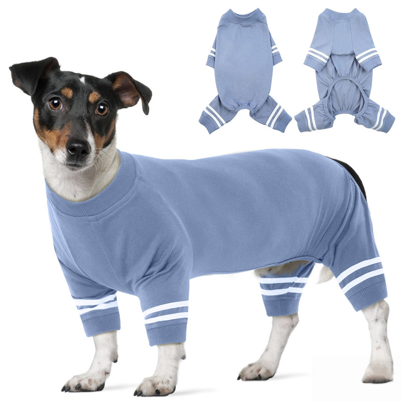 Katzinst dog bodysuit, dog clothes for small dogs, collar and cuffs made of ribbed knit, soft, breathable, warm dog pajamas for all seasons, white dog bodysuit with double stripes, haze blue S haze blue - BeesActive Australia