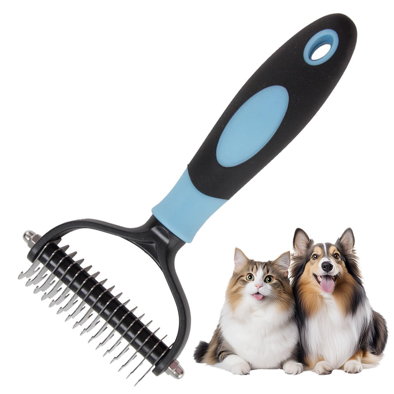 Souvik dog brush long hair undercoat brush for dogs and cats removes undercoat and tangles gentle care for long hair double-sided comb with massage effect blue - BeesActive Australia