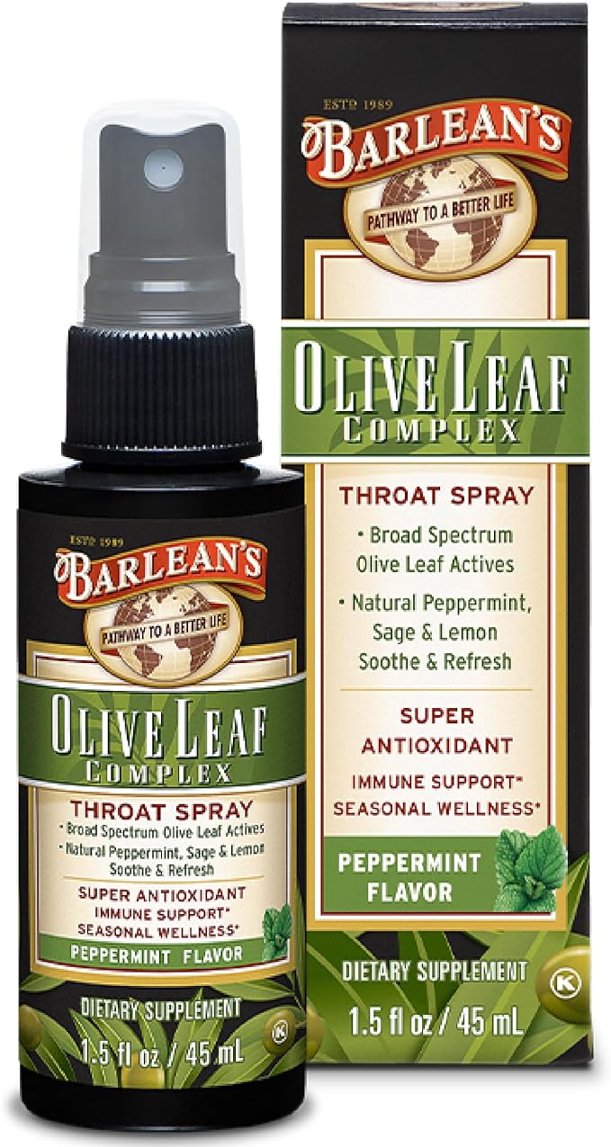 Barlean's, Fresh Olive Leaf Complex, Throat Spray, Soothing Peppermint Flavor, 1.5 oz (44.4 ml) - BeesActive Australia