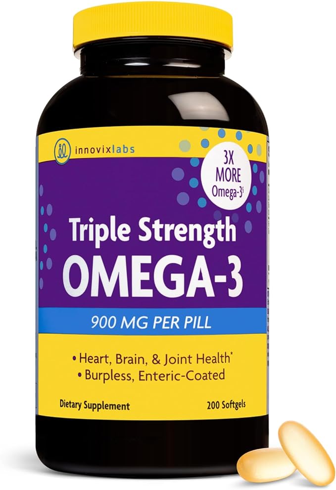 InnovixLabs Triple Strength Omega-3, 200 Capsules, Concentrated Fish Oil, 900 mg Omega-3 per Pill, Enteric Coated, Odorless & Burp-Free, GMO-Free, Gluten-Free, InnovixLabs Omega-3 Fish, Omega-3 Triple - BeesActive Australia