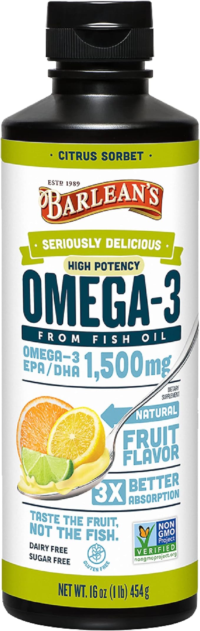 Barlean's, Seriously Delicious, Omega-3 Fish Oil, Citrus Sorbet, 16oz (454g) - BeesActive Australia
