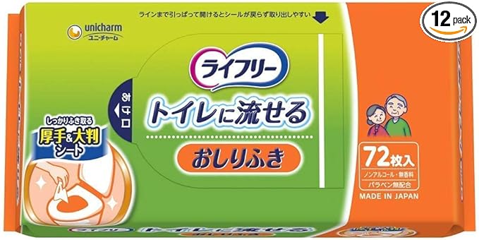 Unicharm Lifeley Flushable Wipes Toilet, 72 Sheets x 12 Piece Set (864 Pieces) Non Alcohol, Fragrance-Free Type - BeesActive Australia