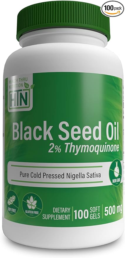 Health Thru Nutrition Black Cumin Seed Oil Supplement 500mg - High Performance 2% Thymoquinone Black Seed (Nigella Sativa) Cold Pressed Oil, Non-GMO, Gluten-Free, Soy-Free (100 Softgels) - BeesActive Australia
