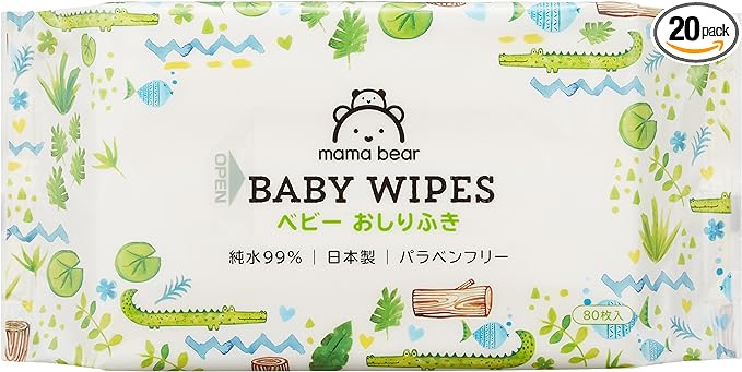 Mama Bear Baby Wipes, 99% Pure Water, 80 Sheets x 20 (1,600 sheets), Made in Japan, Paraben Free - BeesActive Australia