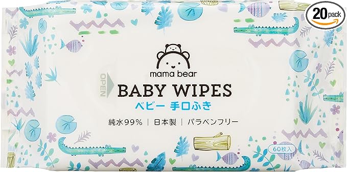 Mama Bear Baby Wipes, 99% Pure Water, 60 Sheets x 20 (1,200 sheets), Made in Japan, Paraben-Free - BeesActive Australia