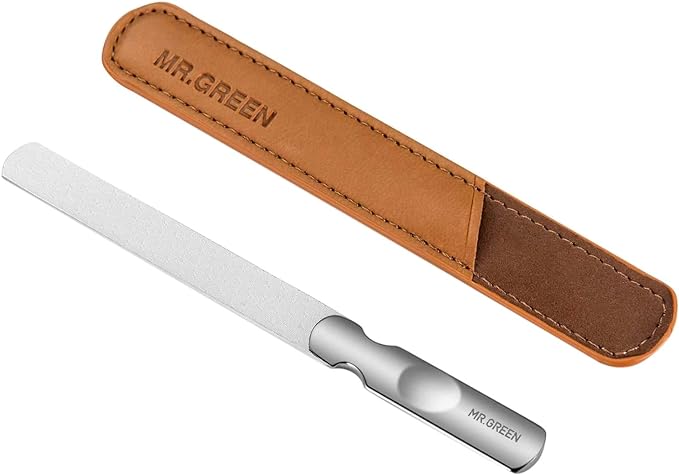Mr. Green Double Sided Nail File, Stainless Steel, Anti-Slip Handle, Professional, Nail Polishing, With Leather Case, Unisex, Great Gift
