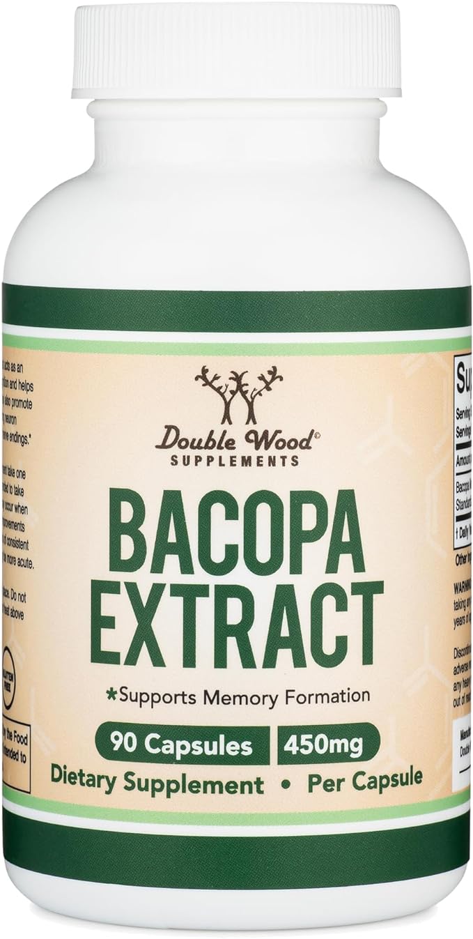 Double Wood Supplements Bacopa Monnieri Capsules - 450mg, 90 Count (Made in the USA) Non-GMO, Gluten-Free, Concentrated 20% Bacosides Extract - BeesActive Australia