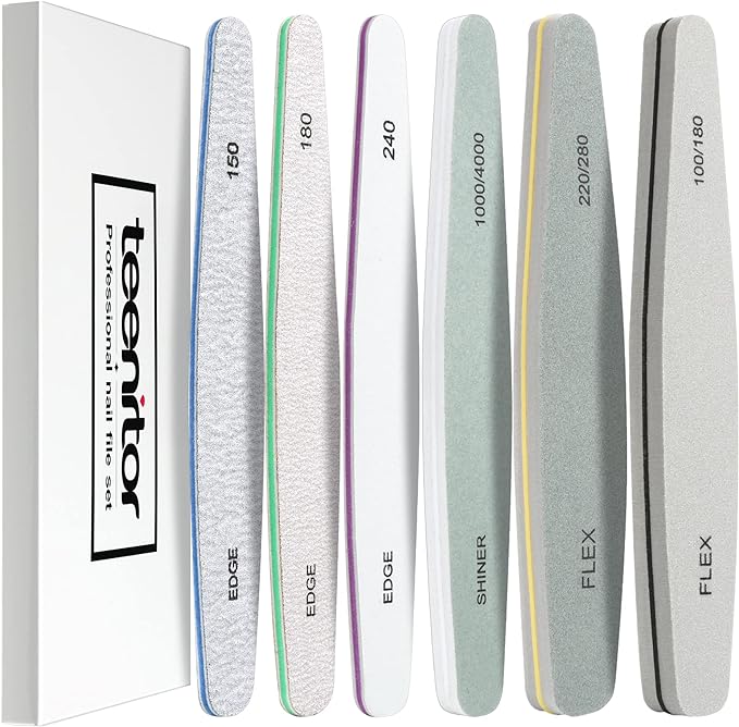 Teenitor Nail File Set Professional Nail Buffer Nail File for Nail Polish Gel Nail 150 180 240 100/180 200/280 1000/4000 Grit 6 Pcs - BeesActive Australia