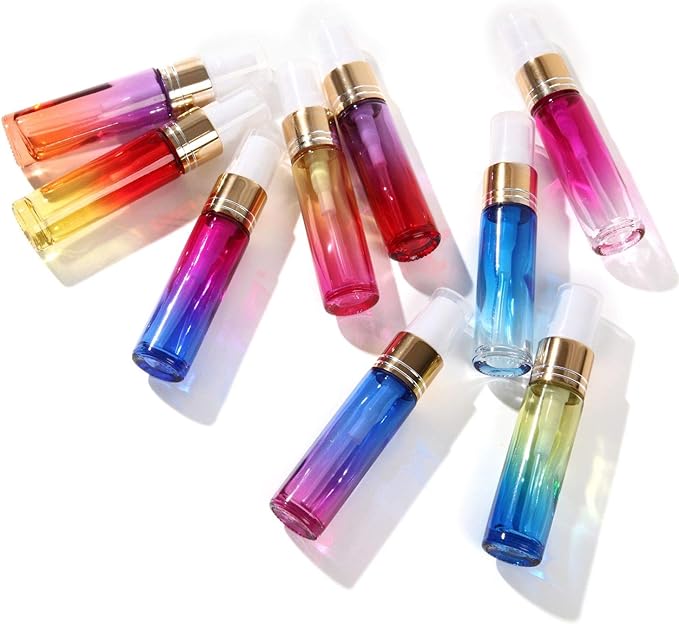 Solid Valu 10ml Set of 9 Colorful Spray Aroma Bottles Push On Mini Bottle Atomizer Aroma Oil Jar Blackout Jar Gradient Spray Bottle Glass (9 Color Gradation) - BeesActive Australia