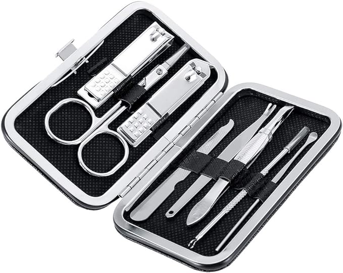 Nail clip set, etiquette set, grooming set, nail clippers, scissors, tweezers, grooming kit, convenient to carry, storage case included, stainless steel, 8-piece set, black - BeesActive Australia