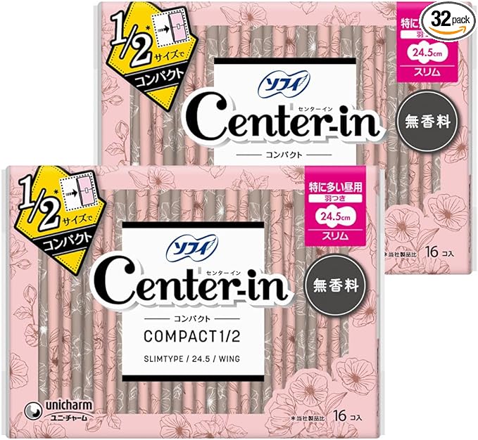 Center In Compact 1/2 Unscented Especially for Daytime Use, Includes Wings, 32 Sheets (16 Sheets x 2) [Slim Sanitary Napkins] - BeesActive Australia