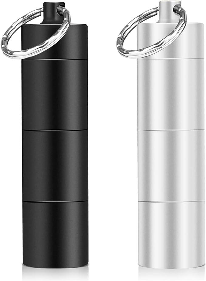 Opret Portable Pill Case, Waterproof, Nitro, Medicine Box, Three Times a Day, Forget to Drink Alum, Aluminum Alloy, Key Chain, Rubber Seal, 3 Connections, Set of 2 Colors, Black + Silver - BeesActive Australia