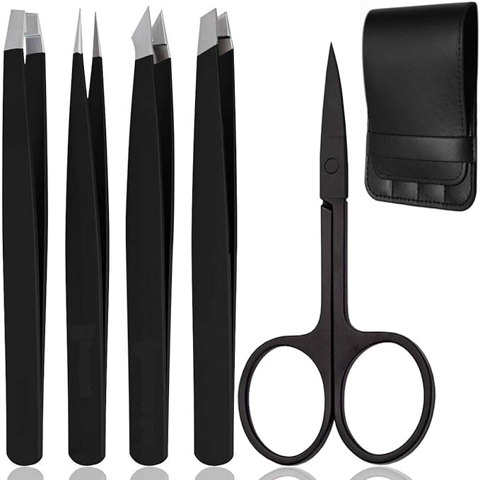KINGMAS Tweezers Tweezers Cosmetic Tweezers Flat Tip Tapered Eyebrow Scissors 5 Piece Set Eyebrow Nippers Mayu Scissors Stainless Steel Precision Men's Lady Eyebrow Kit with PU Case (Black) -  Australia