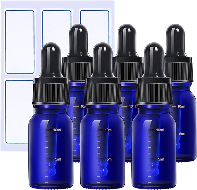 Teenitor Blackout Jar with Eyedropper, 10ml Aroma Oil Bottles, 6 Light Filtering Jars with Labels, Essential Oil Bottles, Graduated Aroma Storage Containers, Glass (Blue) - BeesActive Australia