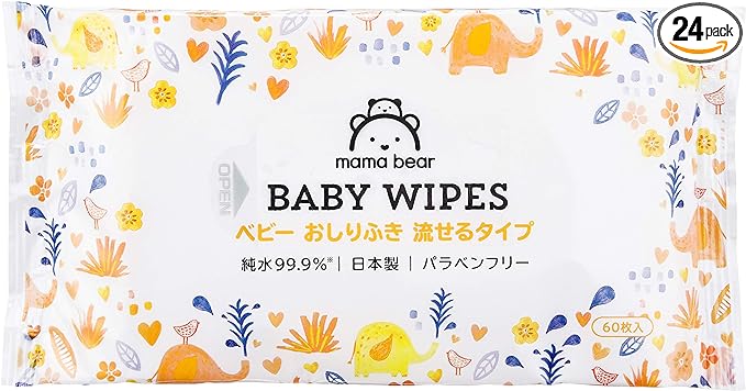 Mama Bear Baby Wipes, 99.9% Pure Water, Flushable Type, Made in Japan, Paraben Free, Fragrance-free, 60 Sheets x 24 Pieces (1440 Sheets) [Case Products] - BeesActive Australia