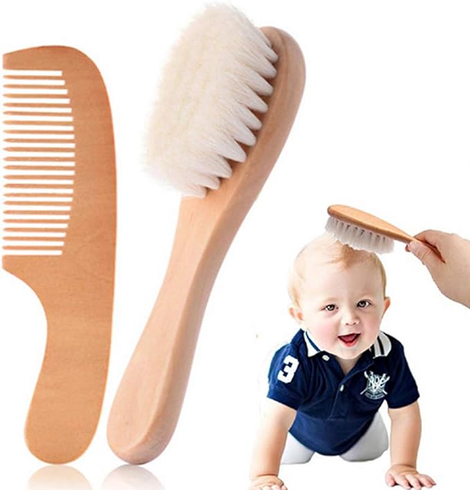 Kingsie Baby Hair Brush, Comb, Set of 2, Natural Wood, Goat Wool, Brush, Comb, Newborn, Baby Hair Care, Baby Shower, Gift -  Australia