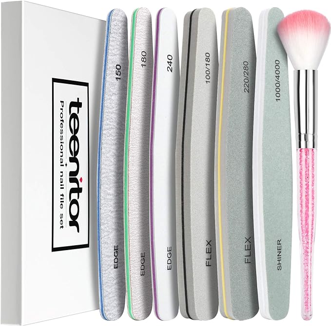Teenitor Nail File Nail File Nail Polish Gel Nail Emery Board Nail Dust Brush Pro Nail Buffer Set of 6 150 180 240 100/180 200/280 1000/4000 Grit - BeesActive Australia