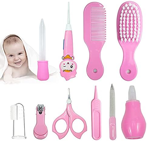 yarui Baby Care Newborn Nail Clippers Ear Scraper Set of 10 Nail File Scissors Baby Brush Comb Cute Hair Brush Comb Infant Baby Shower Gift Baby Nail Clipper (Pink) - BeesActive Australia