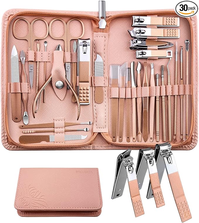 Nail Clipper Set, 30 Pieces, Grooming Set, Manicure Set, Nail Care Set, Multifunctional, Made of Stainless Steel, Convenient to Carry, Includes Special Storage Case [Pink] - BeesActive Australia