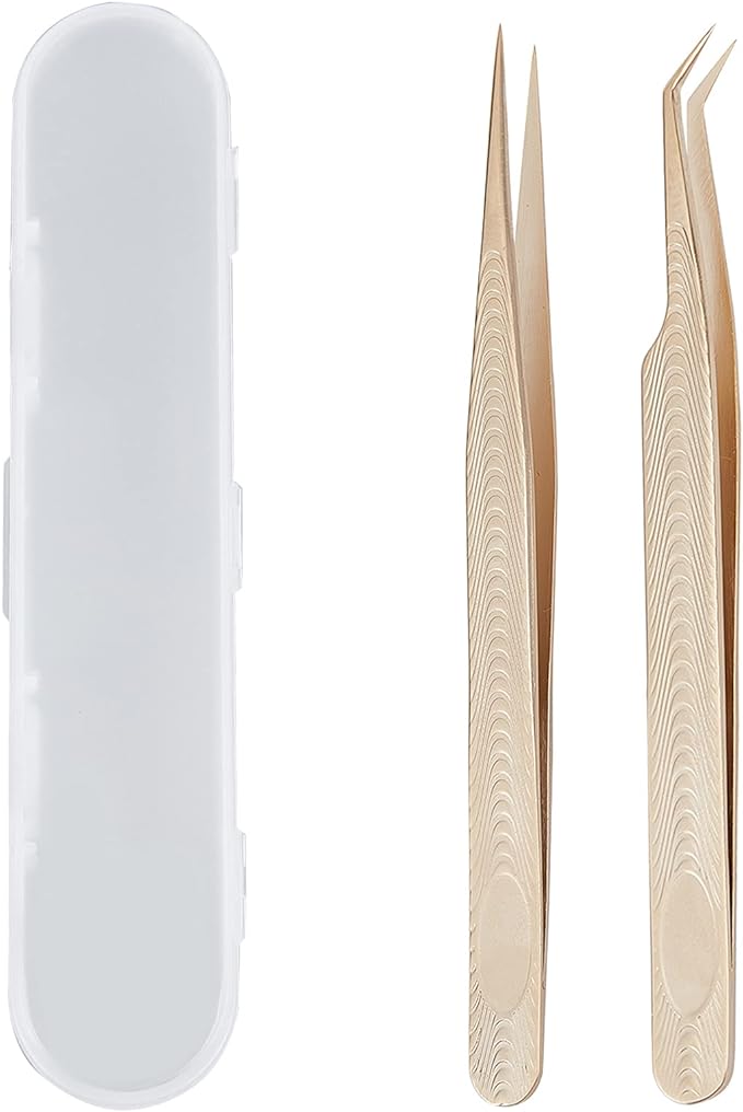 NICENEEDED 2pcs Eyelash Extension Tweezers Set in Case, Gold Volume Lashes & Straight Tweezers for Lash Extension - BeesActive Australia
