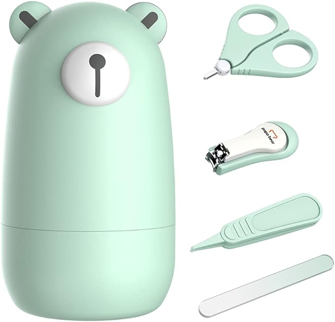 PAPABEAR Baby Nail Clippers Set, Baby Nail Clippers, Nail Care, Nail File, Tweezers, Set of 4, Stainless Steel, ABS Material, Compact, Storage Case Included, Suitable for 0 Months and Up (green) - BeesActive Australia