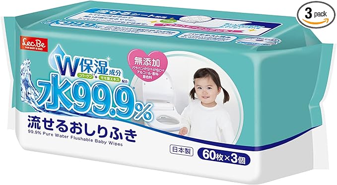 Pure Water Baby Care, 99.9% Pure Water, Flushable to Toilet, Wipes, 60 Sheets x 3 Pieces (180 Pieces), Collagen, Peach Leaf Extract, W Moisturizing Ingredients, Weak Acidity, Made in Japan - BeesActive Australia