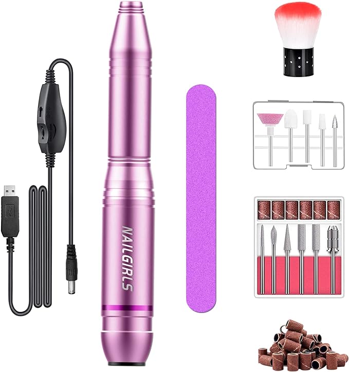 NAILGIRLS Electric Nail Machine, 11 Bits Nail Machine, Bit, Gel Nail Off Kit, Nail Care, Nail Polishing, Cuticle Treatment, Cuticle Care, Forward and Reverse Rotation, Stepless Shifting, USB Powered, For Home Salon (Pink) - BeesActive Australia