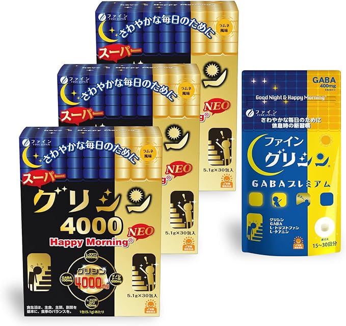 Fine Glycine Super Glycine 4000 Happy Morning NEO Ramune Flavor Theanine Domestic Production, 30 Packets x 3 + Fine Glycine GABA Premium Domestic Production, 15.7 oz (450 mg) GABA 400 mg Theanine Tryptophan 15-30 Day Supply Tablet x 1 - BeesActive Australia