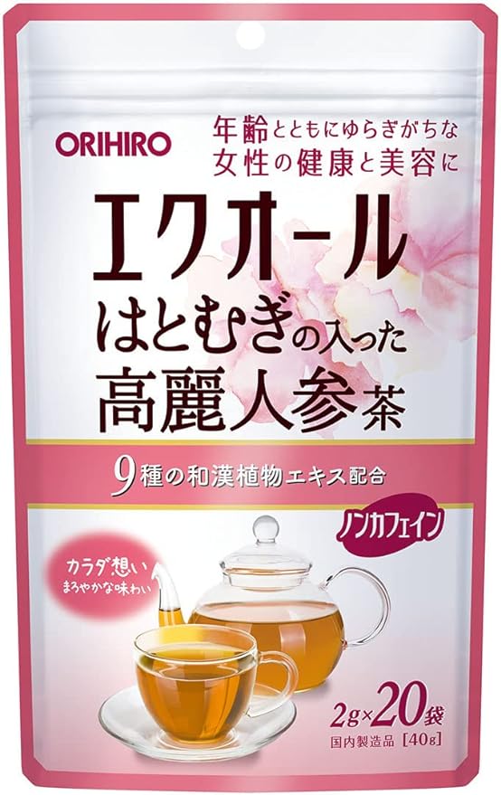 Orihiro Ginseng Tea with Ecuol Hatomugi, 0.08 oz (2 g) x 20 Bags, Non-Caffeine, Equor, Hatomugi, Japanese Chinese Extract, Ginseng, Rooibos, Black Beans, Rose Hip - BeesActive Australia