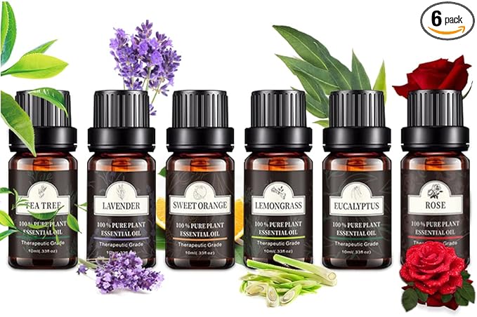 Poven Aroma Oil Set of 6 Essential Oils, 100% Natural Essential Oils, Lavender, Lemongrass, Sweet Orange, Rose, Eucalyptus, Tea Tree, 10ml x 6 Bottles - BeesActive Australia