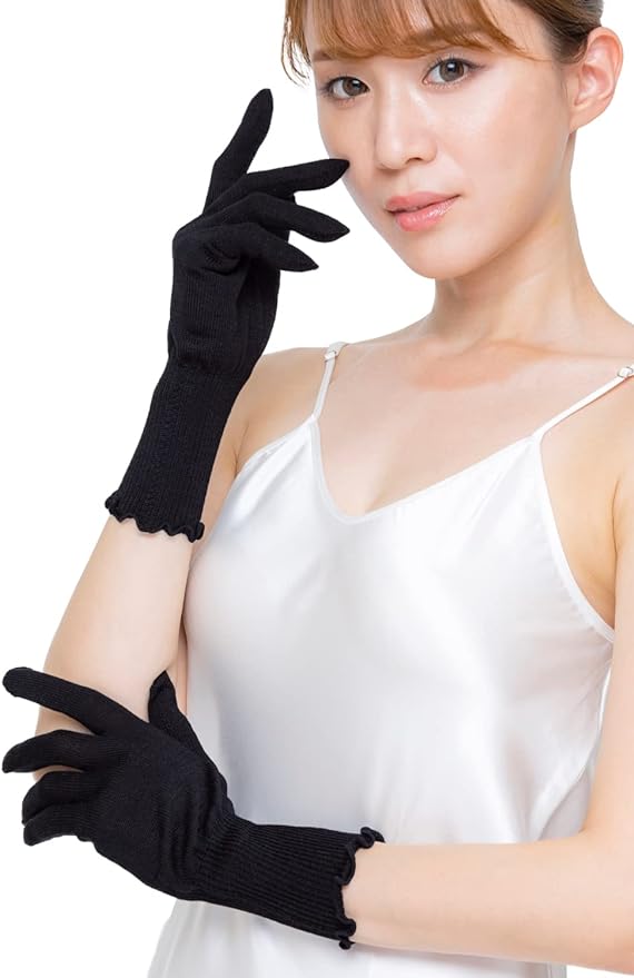 Kyoto Nishijin Silk Gloves, 100% Silk, 98.2% UV Protection, Sunscreen, Sleeping Gloves, Rough Hands, Moisturizing, Long, Women's, Cute, Pink, Black, Recommended, Made in Japan, "Silk Glossy Princess" - BeesActive Australia