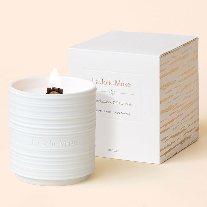 LA JOLIE MUSE Sandalwood and Patchouli Scented Scented Wood Wick Natural Soy Wax Pottery Can 220g Burning Time 50 Hours Gift for Women -  Australia