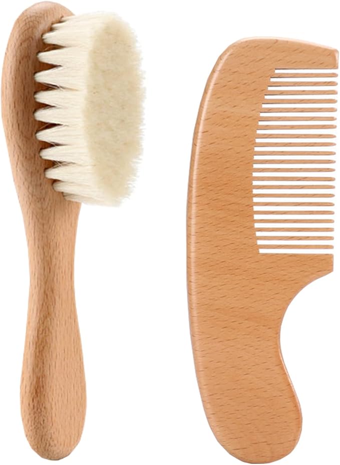 BTtime Baby Hair Brush Newborn Comb Set Scalp Massage Wooden Handle Natural Wood Goat Hair Anti-Static Baby Gift for Newborn Baby Baby (2 Pack) -  Australia