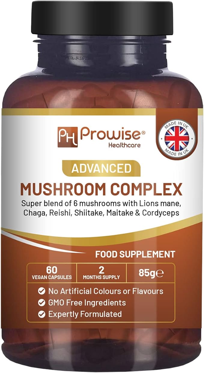 Advanced Mushroom Complex | Super Blend of 6 Mushrooms - Lion's Mane, Chaga, Cordyceps, Shiitake, Reishi and Maitake | 60 Vegan High Strength Capsules | Made by Prowise UK - BeesActive Australia
