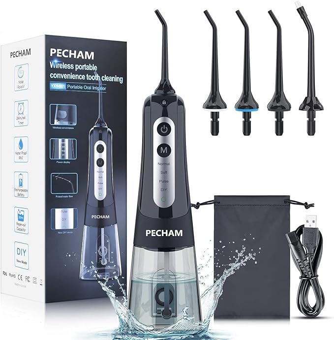 PECHAM Jetwasher, Oral Cleaner, USB Rechargeable, Portable, Interdental Jet Cleaning (Black) - BeesActive Australia