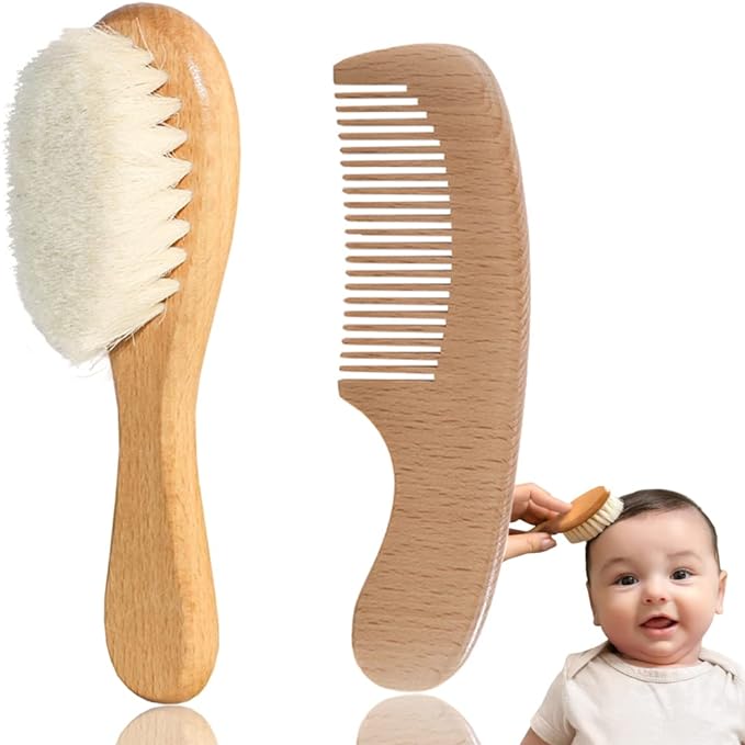 Baby Brush & Comb Set of 2 Newborn Comb Set, Hair Brush, Infant Comb, Scalp Massager, Hair Care, Natural Wood Handle, Goat Hair, Soft Bristle, Baby Shower, Baby Products, Great for Kids Newborns - BeesActive Australia