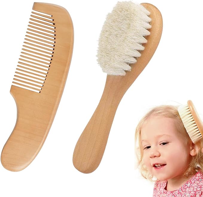 YFFSFDC Baby Hair Brush Comb Set of 2 Newborn Comb Set Wooden Handle Natural Wood Goat Hair Anti-Static Baby Gift Newborn Baby Baby - BeesActive Australia