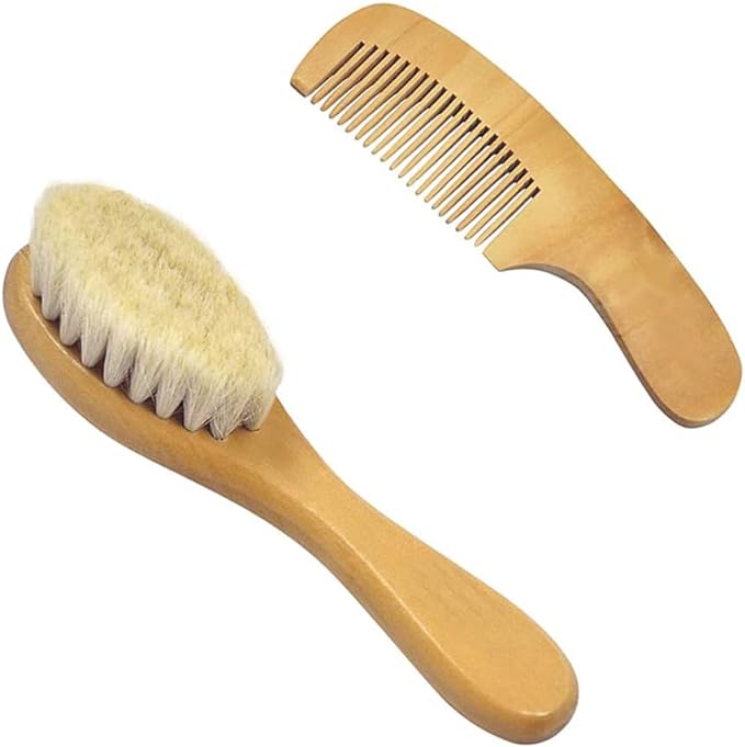 YFFSFDC [2 Pieces] Baby Hair Brush and Newborn Comb Set Natural Goat Hair Anti-Static Wood Comb Scalp Massage Newborn Baby Hair Brush Baby Shower Gift - BeesActive Australia