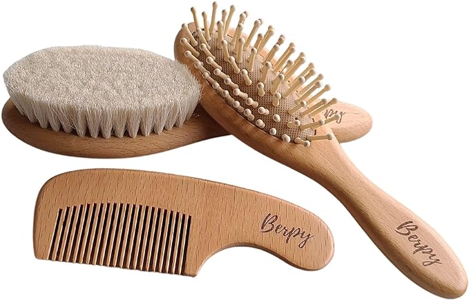 bp-hbset Baby Hair Brush, Baby Brush, Hair Brush, Comb, For Babies, For Babies, Hair, Baby, Wood, Natural Wood, Berpy, Burpee, Baby Shower, Gift -  Australia