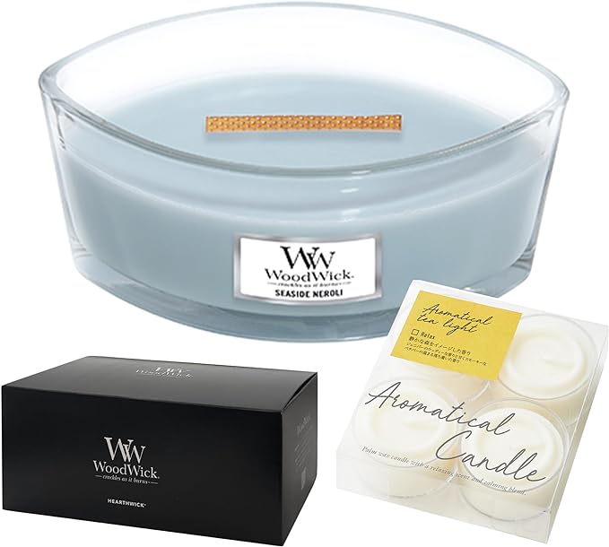 Wood Wick Hearthwick Scent: Seaside Neroli Exclusive Box + Trial Size Aromatic Tea Light Scent: Relax, 2 Candle Set, Fireplace, Wood Wick, Heavy Feel, Aroma, Fragrance, Present, Christmas, Birthday, Woodwick, Kameyama - BeesActive Australia