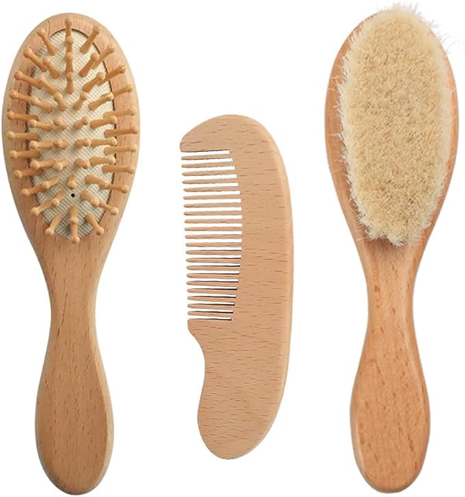 SANJAOYEE Baby Brush, Baby Comb, Baby Hair Brush, Set of 3, Natural Material, Goat Hair, Newborn, Baby Comb, Scalp Massage, Smooth Baby Gift, Anti-Static, Baby Gift - BeesActive Australia