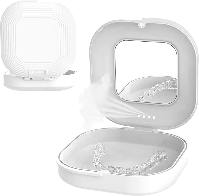 xuanli Slim Retainer Case with Mirror, Mouthpiece Invisaline Compatible, Stylish Denture and Partial Denture Case, Portable Cleaning Tool Included (Simple Case, White) - BeesActive Australia