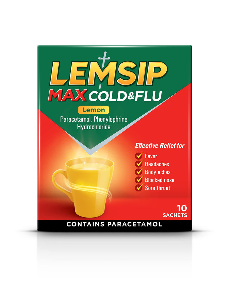 Lemsip Max Cold and Flu Lemon Sachets with Paracetamol for Cough, Blocked Nose and Mucus Relief, Pack of 10 Sachets - BeesActive Australia