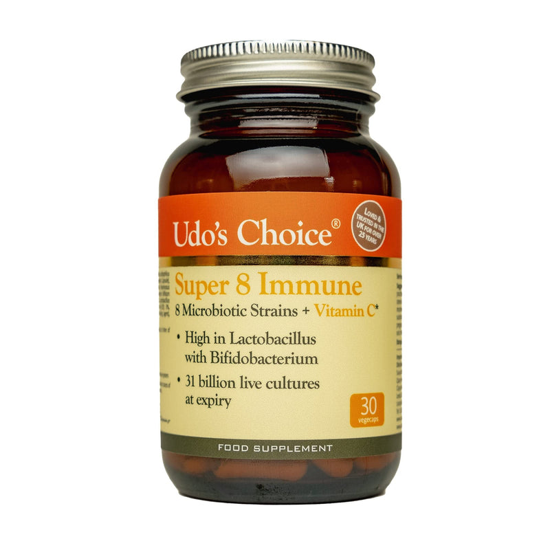 Udo's Choice Super 8 Immune - Hi Count Microbiotics with Vitamin C - Supports Bowels and Digestive Health, One a Day Probiotics, 42 Billion Cell Count -8 Microbiotic Strains - 30 Capsules 30 Count (Pack of 1) - BeesActive Australia