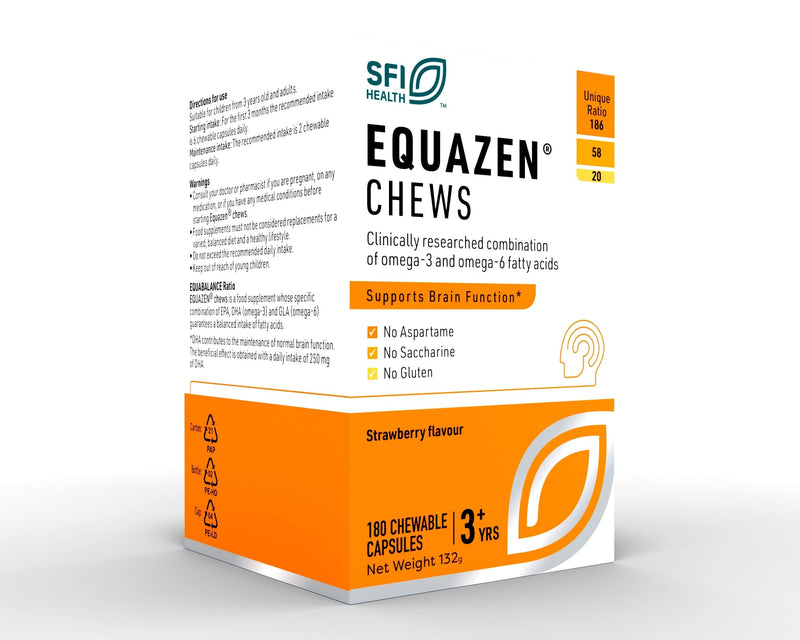 EQUAZEN Chews | Omega 3 & 6 Supplement | Blend of DHA, EPA & GLA | Supports Brain Function | Suitable for Children from 3+ to Adults | 180 Strawberry Flavoured Chews 180 Count (Pack of 1) - BeesActive Australia